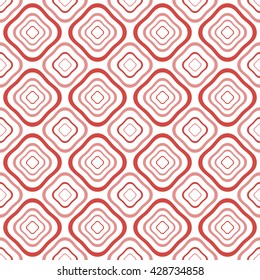 Abstract seamless pattern of distorted diamond shaped geometric elements with rounded corners one inside the others in white, red, pink colors. Vector illustration for modern creative design