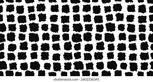 Abstract seamless pattern with distressed black square blobs. Contrast monochrome textured shapes print for textile design, wrapping paper, cover, surface, texture