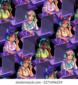 Abstract seamless pattern of diverse girls gamers or streamers with cat ears headset sits in front of a computers with their mice and keyboards. Vector repeated design