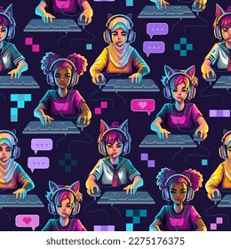 Abstract seamless pattern of diverse girls gamers or streamers sits in front of a computers. Vector repeated design