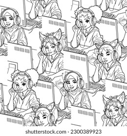 Resumen del patrón transparente de diverso jugador femenino o de los streamers se sienta frente a una computadora. Diseño repetido de vectores
