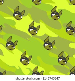 Abstract seamless pattern with dog face on camouflage repeating ornament. French bulldog puppy pey repeated backdrop for textile, clothes, wrapping paper. Boston terrier face. military monochrome wall