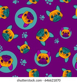 Abstract seamless pattern with dogs had for girls, boys, clothes, t shirt, teenagers, wrapping paper. Pet repeated backdrop on purple background. Childish wallpaper. Set of bulldogs and paws