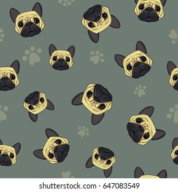 Abstract seamless pattern with dogs had. Puppy wallpaper for girls, boys, clothes, t shirt, teenagers, wrapping paper. Pet repeated backdrop on grey background. Set of bulldogs and paws