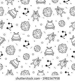 Abstract Seamless Pattern Doodle Collection Aliens Ufo Planets Galaxy Space Logo Vector Design Style