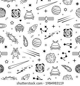 Abstract Seamless Pattern Doodle Collection Aliens Ufo Planets Galaxy Space Logo Vector Design Style