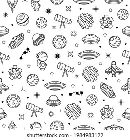 Abstract Seamless Pattern Doodle Collection Aliens Ufo Planets Galaxy Space Logo Vector Design Style