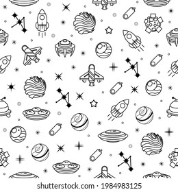 Abstract Seamless Pattern Doodle Collection Aliens Ufo Planets Galaxy Space Logo Vector Design Style
