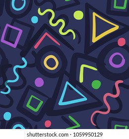 Abstract seamless pattern with doodle color shapes on dark background. Bright vector texture with hand drawn shapes and shadows for textile, wrapping paper, cover, surface, background, wallpaper