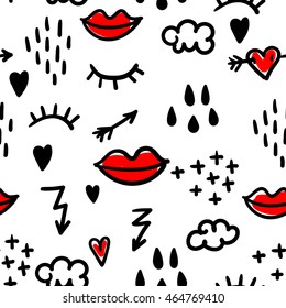 Abstract seamless pattern with doodle: eyelashes,  red lips, arrows, lightning, clouds and rain drops. Vector illustration.