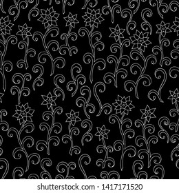 Abstract seamless pattern of doodle flowers on dark background
