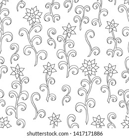 Abstract seamless pattern of doodle flowers, coloring page for kids and adults