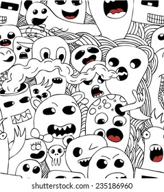 Abstract seamless pattern with doodle funny monsters in black and white colors. Vector illustration.