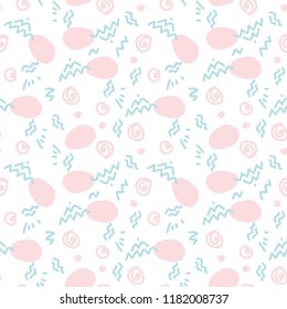 Abstract seamless pattern with doodle geometric smooth lines, waves, zig zags, round shapes and dots in pink and turquoise colors. Hand drawn tile art design for background, endless texture, web 
