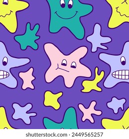 Abstraktes nahtloses Muster mit doodle googly eyed stars. Groovy Print für T-Shirt, Papier, Textil und Stoff. Handgezeichnete Vektorillustration.



