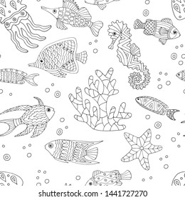 Abstract seamless pattern with doodle hand-drawn sea fish, coloring page for kids and adults