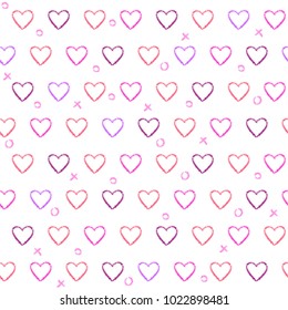 Abstract seamless pattern with doodle hearts on white background. Repeating texture with love symbols.