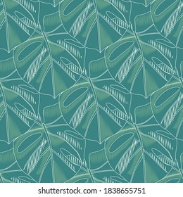 Resumen de un patrón sin fisuras con adorno de hoja monstera de borde de doodle. Obra de arte con trópico de paleta azul y turquesa. Fondo decorativo para el diseño de tela, textil, envoltura, cubierta. Ilustración del vector
