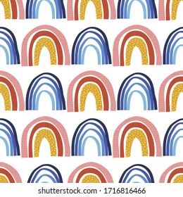 Abstract seamless pattern with doodle rainbows. Hand drawing fantastic colorful rainbow in kids drawing style. Childish scandinavian trendy vector illustration. Modern flat cartoon texture on white