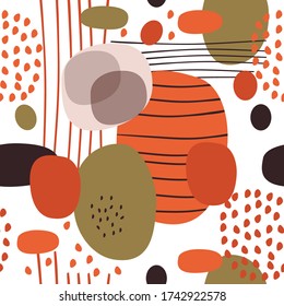 Abstract Seamless Pattern. Doodle Shapes, Dots, Spots, Lines. White Background. Vector Illustration.