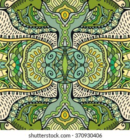 Abstract seamless pattern, doodle sketch repeating texture. Tribal ethnic ornament, hand drawn vector illustration. Zentangle style colorful background. 