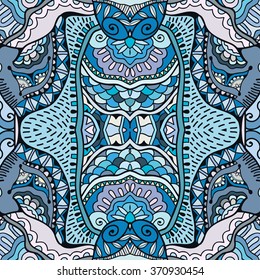 Abstract seamless pattern, doodle sketch repeating texture. Tribal ethnic ornament, hand drawn vector illustration. Zentangle style colorful background. 