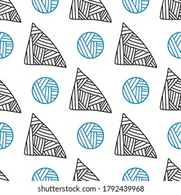 Abstraktes nahtloses Muster mit doodle gestreiften Dreiecken und Polka-Punkten. Abstrakter Hintergrund mit kleinen Kreisen. Vektorgrafik.    
