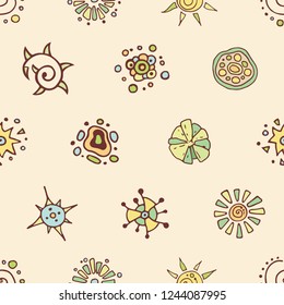 Abstract seamless pattern in doodle style with flower elements. Floral decoration. Hand drawn illustration. Vector color background.