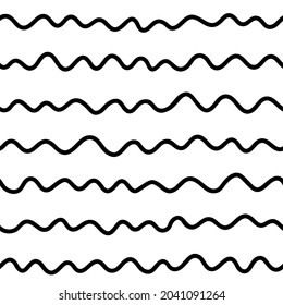 Abstract seamless pattern in doodle style. Black and white endless texture with horizontal scribble wavy lines. Free hand drawn uneven stripes. Simple cute monochrome background. Vector illustration.