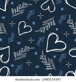 Abstract seamless pattern in a doodle style, drawings of hearts, leaves, stars on a blue background.