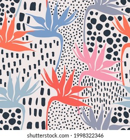 Abstract seamless pattern with abstract doodle texture, colorful tropical flowers silhouette. Contemporary hawaiian collage. Modern vector illustration for fabric, wrapping texture, textile, wallpaper