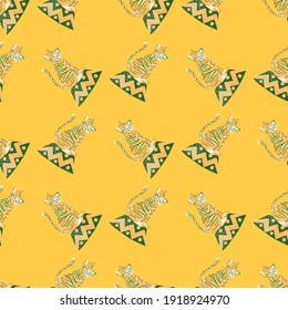 Abstract seamless pattern with doodle tiger circus silhouettes. Yellow bright background. Vector illustration for seasonal textile prints, fabric, banners, backdrops and wallpapers.