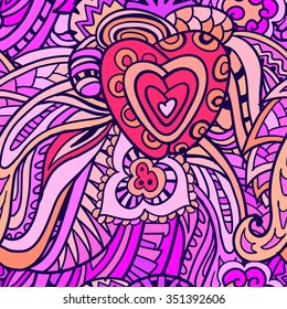 Abstract seamless pattern. Doodle vector background with heart, flower, leaves, wing, feather.