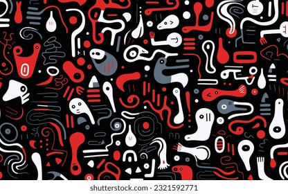 abstract abstract seamless pattern with doodles on black background, in the style of cody ellingham, rubén maya, irregular organic forms, white and red, jack hughes, simplistic characters, isolated fi