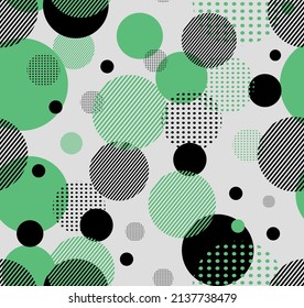 Resumen Patrón sin soldadura con puntos, círculos y líneas sobre fondo blanco. Ilustración vectorial. Elementos geométricos de moda. Afiche moderno de diseño abstracto, cubierta, diseño de tarjeta, muestra de tela.
