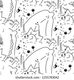 Abstract seamless pattern with dots, lines and emoji. Nice for prints, cards, designs and coloring books. Vector illustration