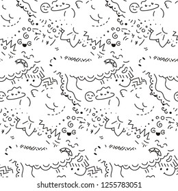 Abstract seamless pattern with dots, lines and emoji. Nice for prints, cards, designs and coloring books. Vector illustration