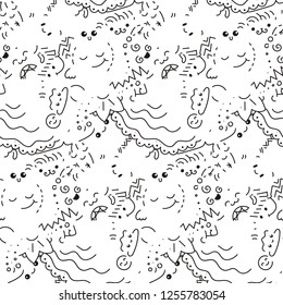 Abstract seamless pattern with dots, lines and emoji. Nice for prints, cards, designs and coloring books. Vector illustration
