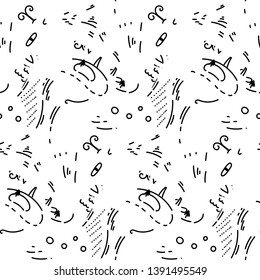 Abstract seamless pattern with dots, lines and emoji. Nice for prints, cards, designs and coloring books. Vector illustration