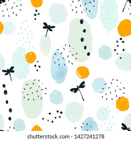Abstract seamless pattern with dots, silhouette dragonflies and colorful spots. Vector illustration on white background.