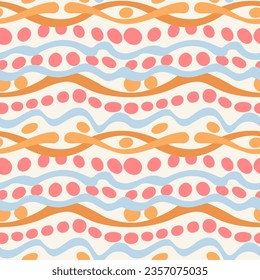 Abstract seamless pattern with dots and wavy lines - hand drawn vector illustration. Flat color design.