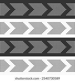 Abstract seamless pattern with dotted arrows. Geometric dotted arrows isolated on white and black stripes. Abstract vector background. Digital paper, textile. Vector black and white seamless pattern.