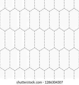 Abstract seamless pattern of dotted elongated hexagons. Repeating geometric tiles. Modern stylish geometric texture. Fabric with stitches pattern. Vector monochrome background.