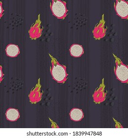 Abstract seamless pattern with dragon fruit. Drawn by hand. Hand made pattern. Tropical pattern. Fruit pattern with asian fruits.
