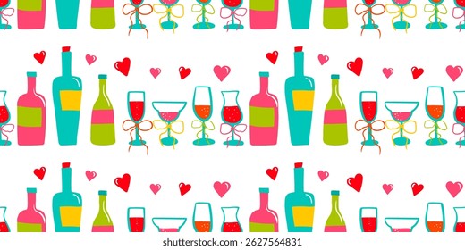abstract seamless pattern with drawn wine glasses bottles hearts white background postcards art design wallpaper