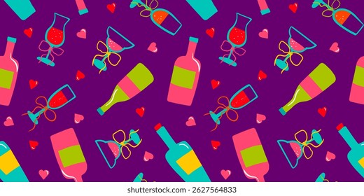 abstract seamless pattern drawn wine glasses bow ribbon bottles hearts, postcards art web design purple background