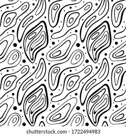 Abstract seamless pattern with drips, waves and dots. Monochrome background. Vector illustration.