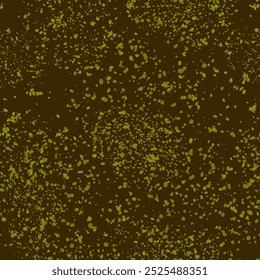 Abstract seamless pattern of earth colors. Many small green paint splashes on dark brown background. Minimalist background with different spots. Decorative design element for your design projects.