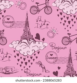 Abstract seamless pattern with Eiffel tower on clouds, hearts rain, french hat, high hill shoes, bicycle, ring, calligraphy text Bonjour. Fashion ornament. Girlish fancy print.