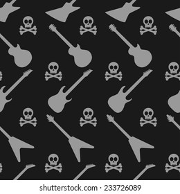 abstract seamless pattern with electric guitar silhouettes and skulls